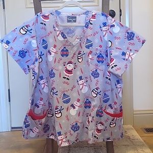 Patriotic Santa Snowman Penguins and Ornaments Christmas scrub top